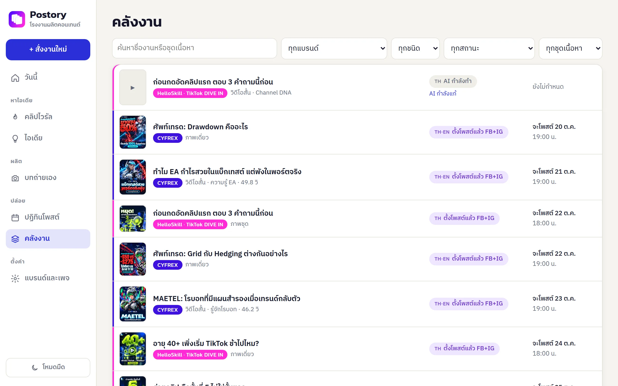หน้าคลังงานของ Postory แสดงงานทุกชิ้นพร้อมสถานะ